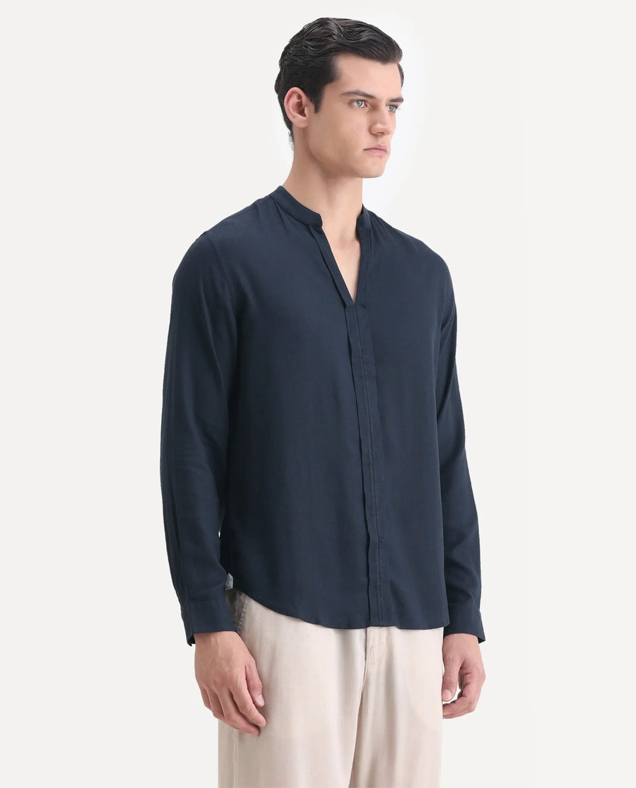 Rare Rabbit Men's Kurt Navy Linen Blend Plain Regular Fit Full Sleeve Mandarin Collar Shirt