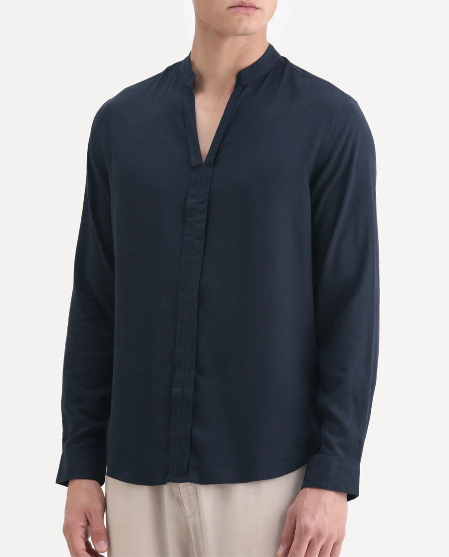 Rare Rabbit Men's Kurt Navy Linen Blend Plain Regular Fit Full Sleeve Mandarin Collar Shirt