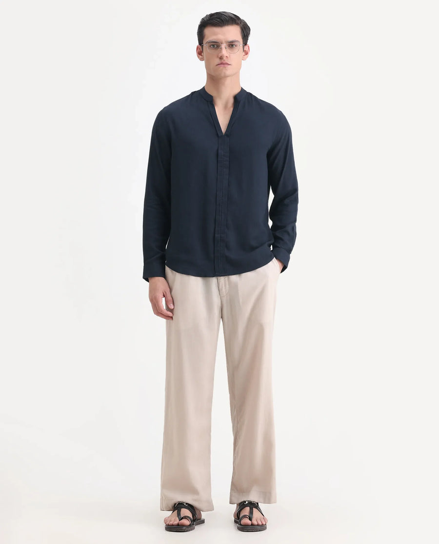 Rare Rabbit Men's Kurt Navy Linen Blend Plain Regular Fit Full Sleeve Mandarin Collar Shirt