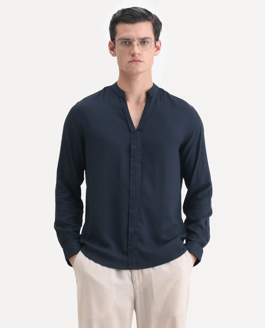 Rare Rabbit Men's Kurt Navy Linen Blend Plain Regular Fit Full Sleeve Mandarin Collar Shirt