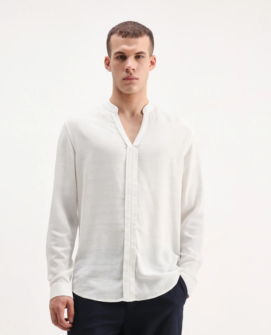 Rare Rabbit Men's Kurto 25 White Linen Blend Plain Regular Fit Full Sleeve Mandarin Collar Shirt