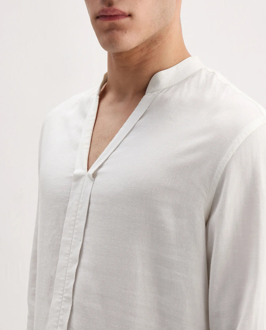 Rare Rabbit Men's Kurto 25 White Linen Blend Plain Regular Fit Full Sleeve Mandarin Collar Shirt
