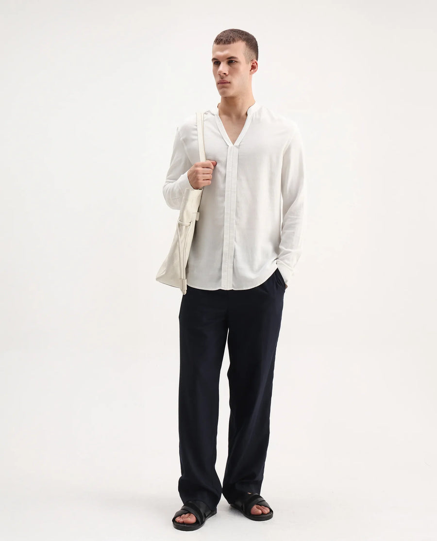 Rare Rabbit Men's Kurto 25 White Linen Blend Plain Regular Fit Full Sleeve Mandarin Collar Shirt