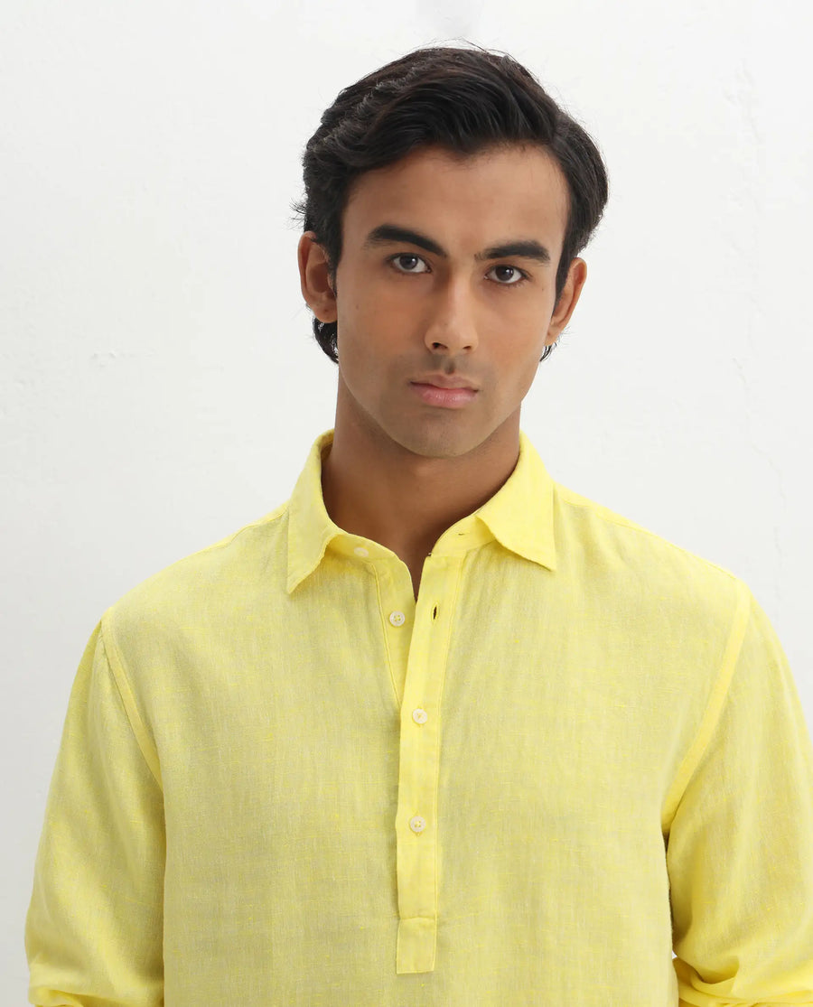 Rare Rabbit Men's Kurl Light Yellow 100% Linen Fabric Full Sleeves Collared Neck Button Closure Plain Shirt