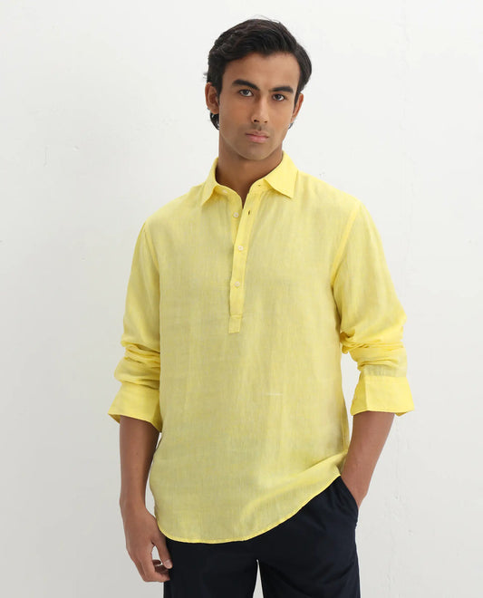 Rare Rabbit Men's Kurl Light Yellow 100% Linen Fabric Full Sleeves Collared Neck Button Closure Plain Shirt