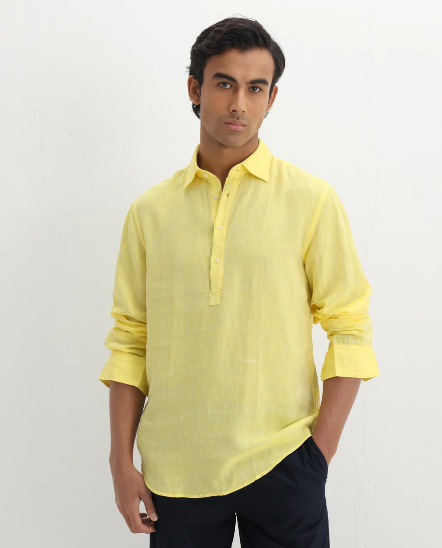Rare Rabbit Men's Kurl Light Yellow 100% Linen Fabric Full Sleeves Collared Neck Button Closure Plain Shirt