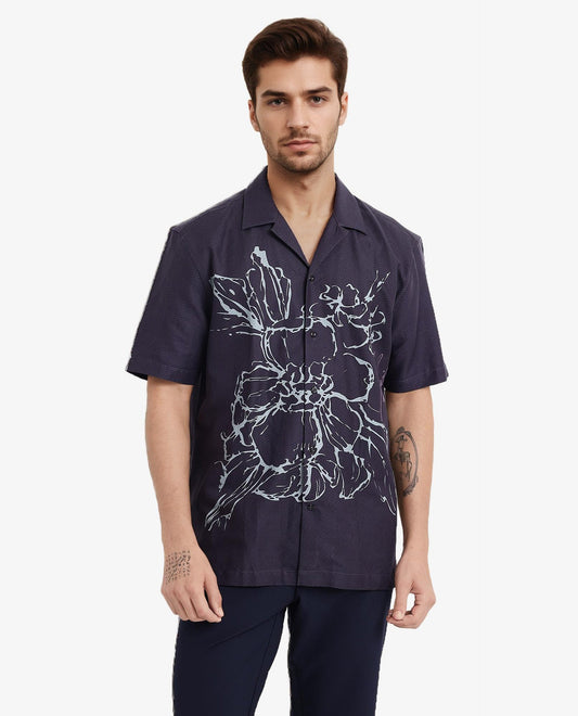 Rare Rabbit Men's Kyle Navy Cotton Floral Print Boxy Fit Half Sleeve Collared Shirt