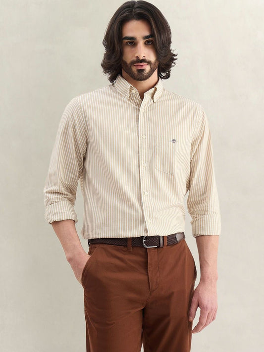 Gant Men Beige Striped Regular Fit Classic Poplin Shirt