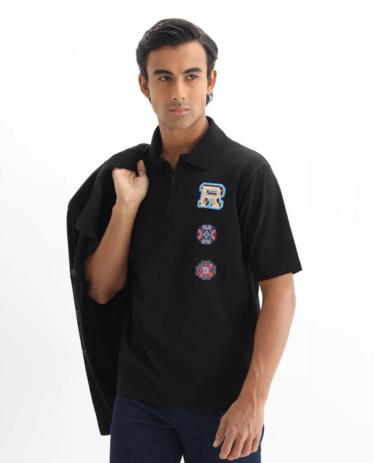 Rare Rabbit Men's Labe Black Cotton Blend Plain Oversized Fit Half Sleeve Polo