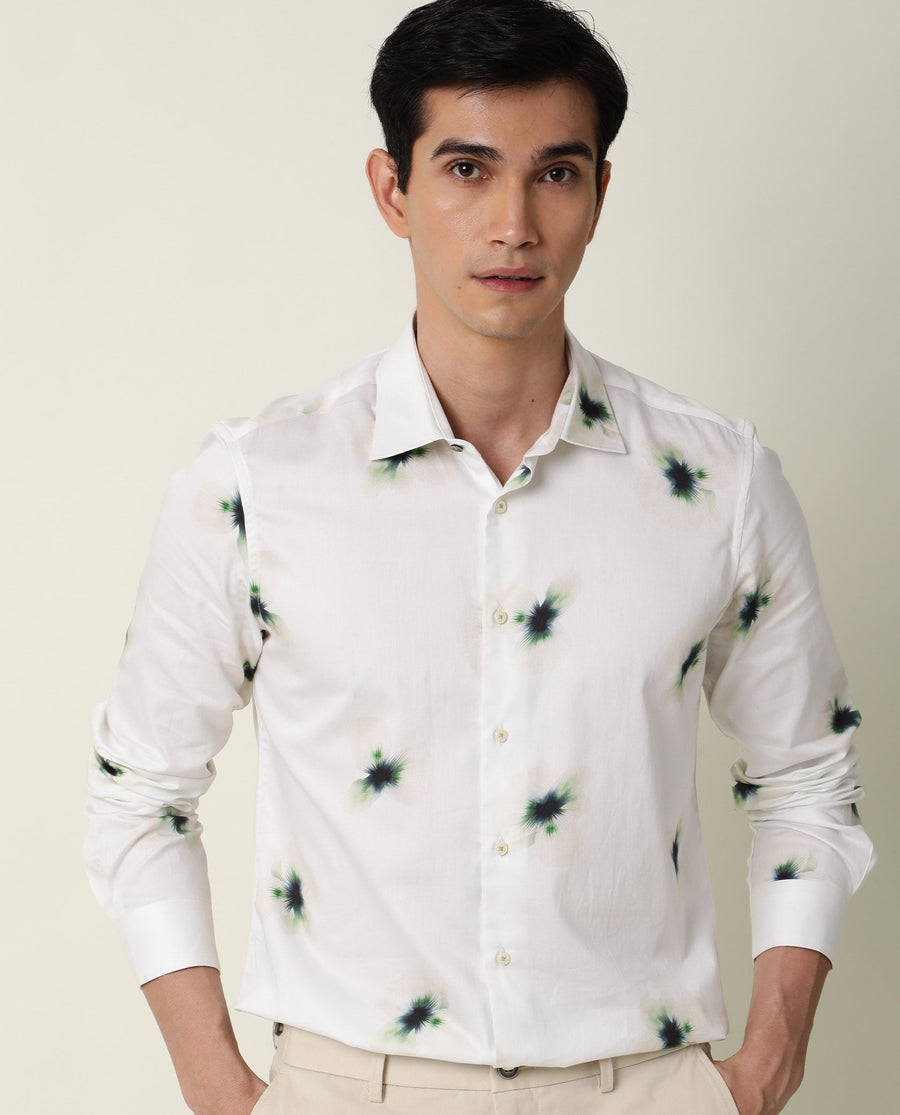 Rare Rabbit Men's Laccoss Off White Cotton Floral Print Regular Fit Full Sleeve Collared Shirt