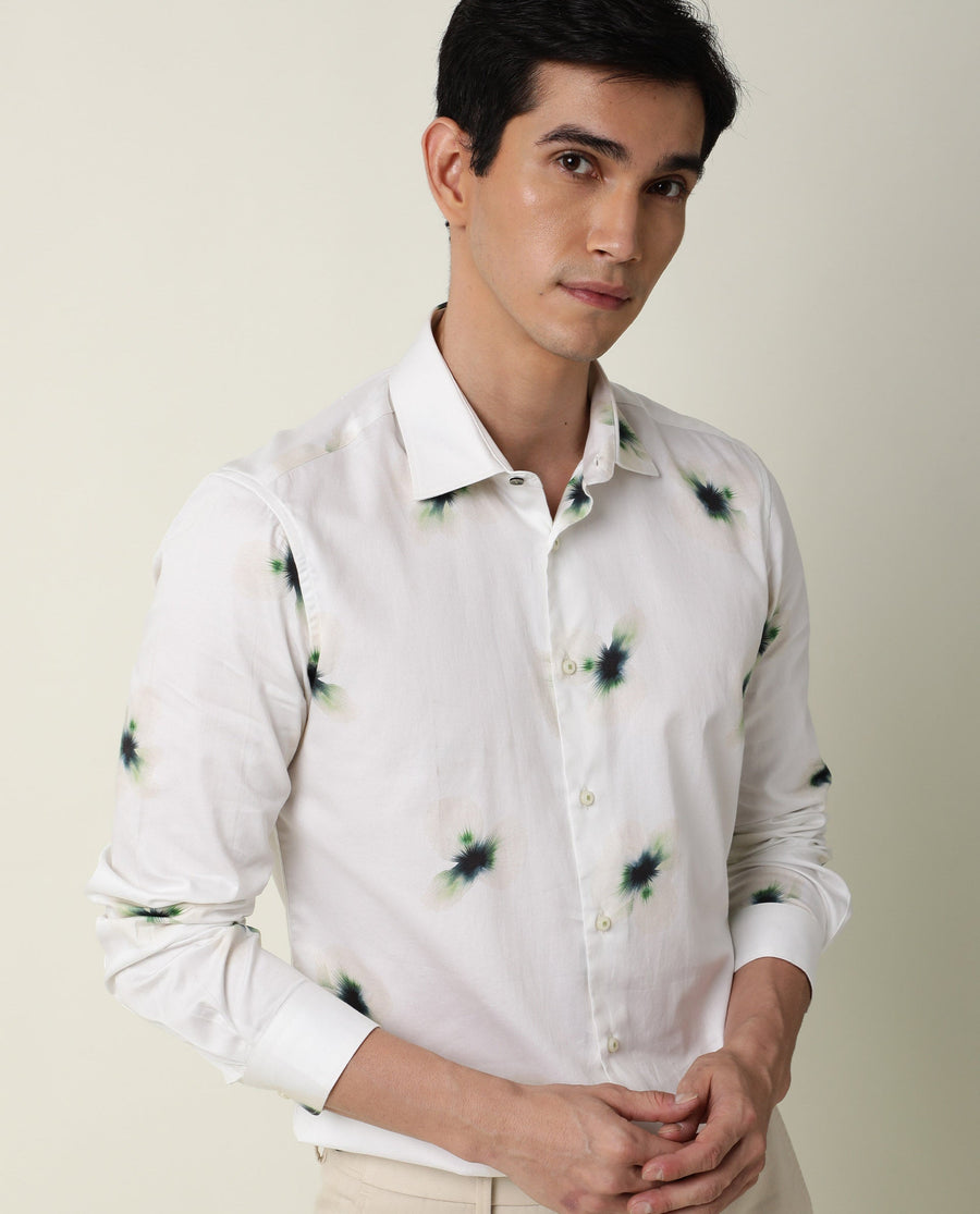 Rare Rabbit Men's Laccoss Off White Cotton Floral Print Regular Fit Full Sleeve Collared Shirt