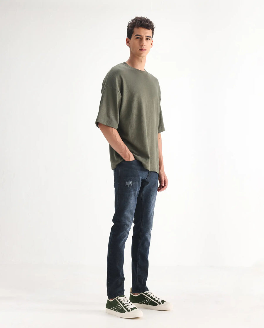 Rare Rabbit Men's Laiden Blue Cotton Plain Hawk Slim Fit Jeans