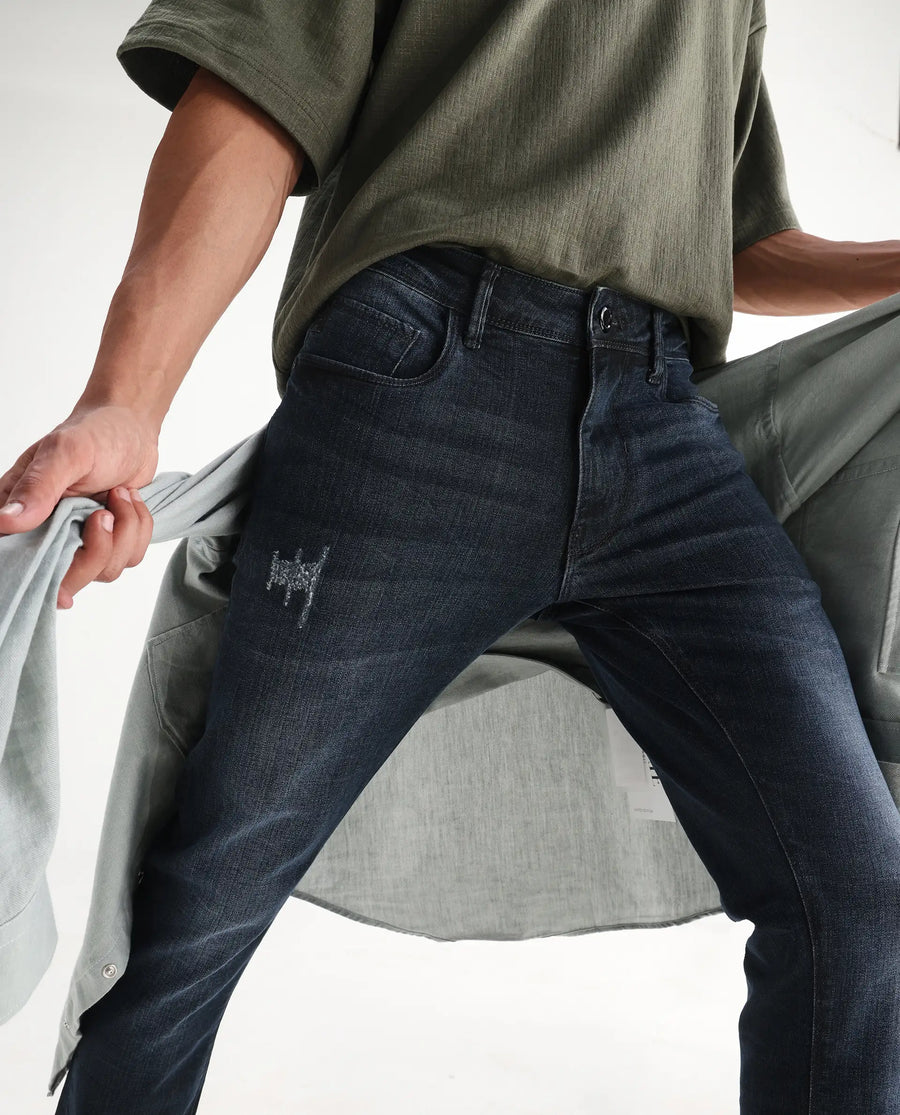 Rare Rabbit Men's Laiden Blue Cotton Plain Hawk Slim Fit Jeans