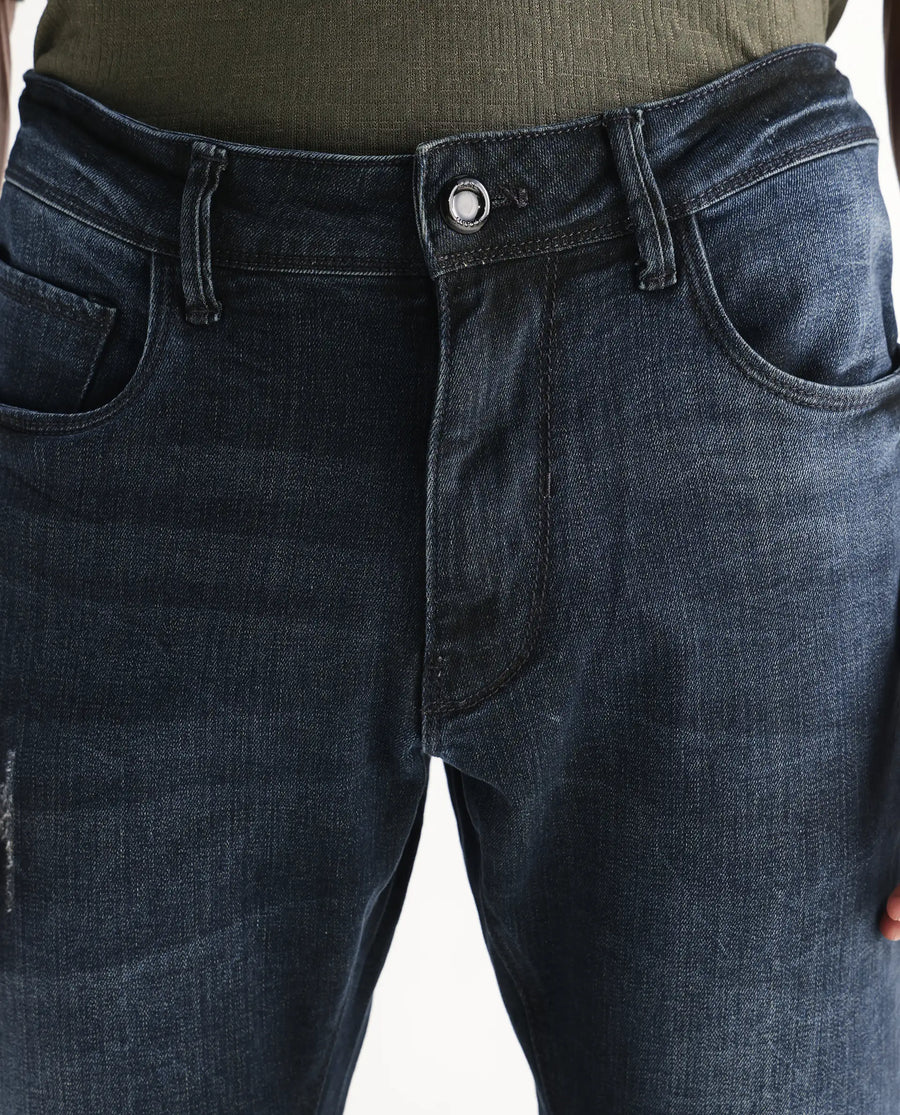 Rare Rabbit Men's Laiden Blue Cotton Plain Hawk Slim Fit Jeans
