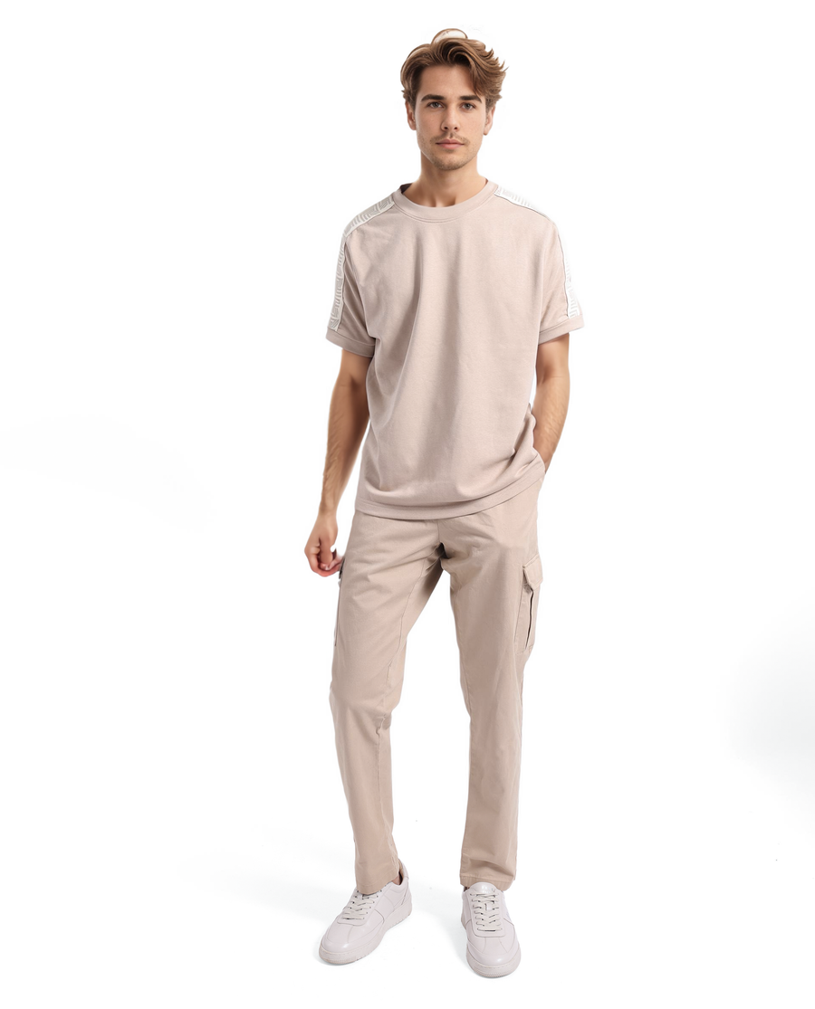 Rare Rabbit Men's Nobo Beige Cotton Monogram Print Oversized Fit Half Sleeve Crew Neck T-Shirt