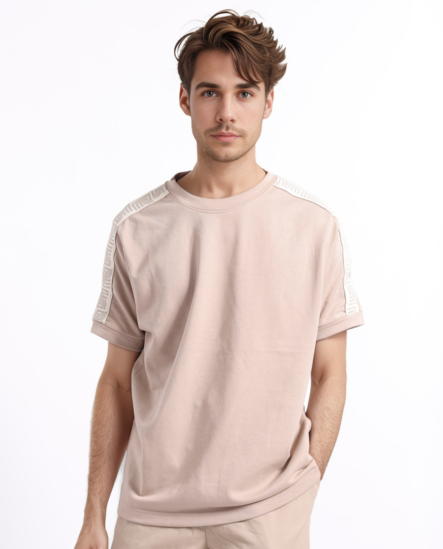 Rare Rabbit Men's Nobo Beige Cotton Monogram Print Oversized Fit Half Sleeve Crew Neck T-Shirt
