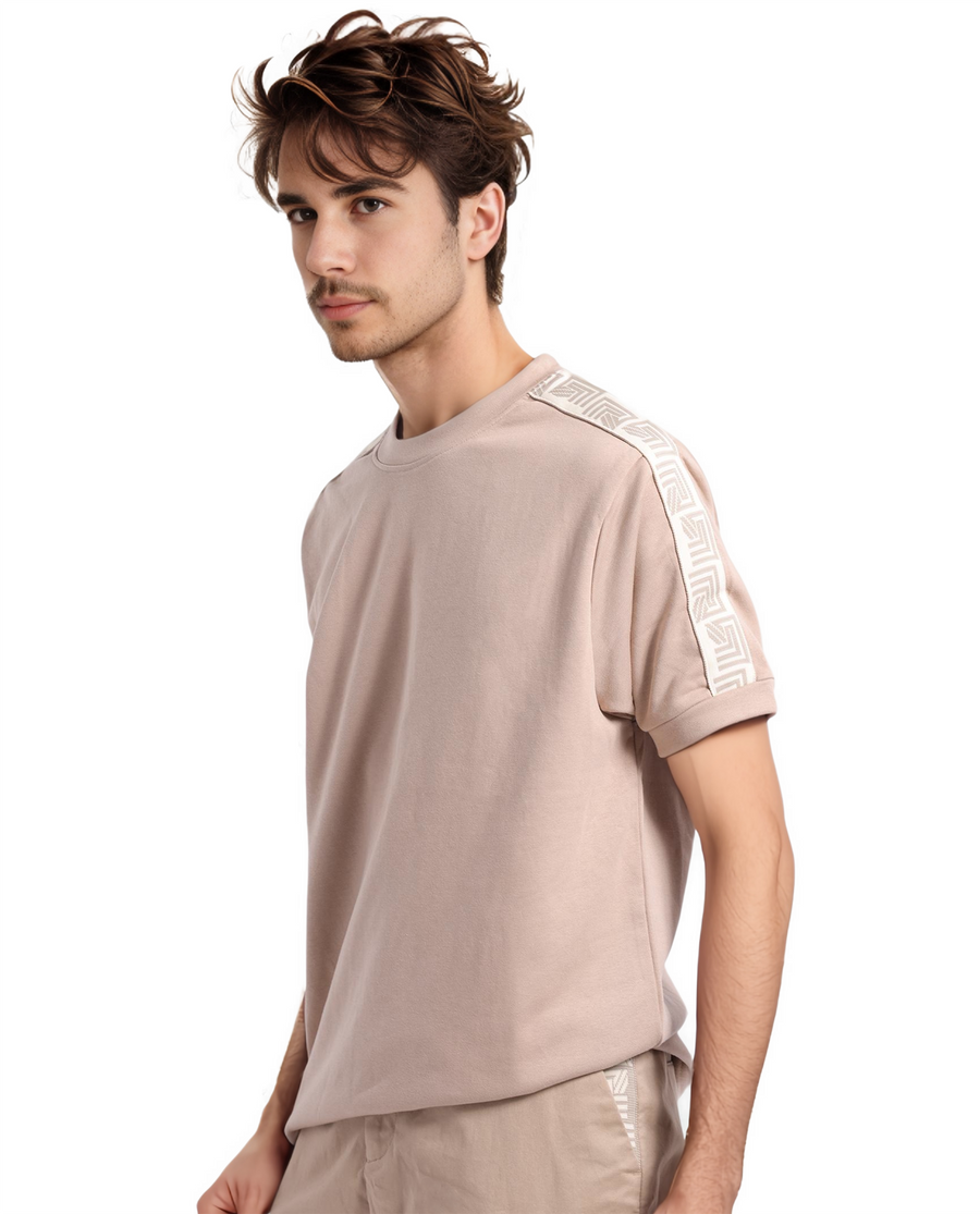 Rare Rabbit Men's Nobo Beige Cotton Monogram Print Oversized Fit Half Sleeve Crew Neck T-Shirt