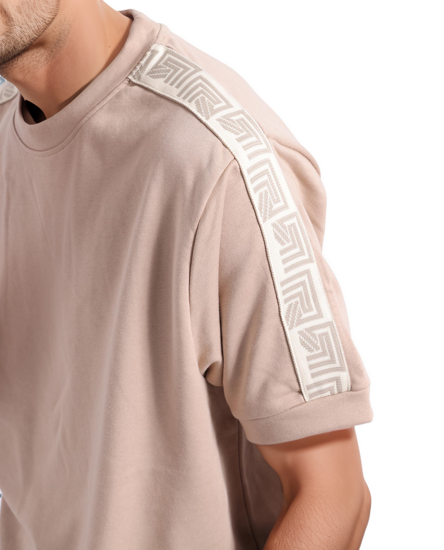 Rare Rabbit Men's Nobo Beige Cotton Monogram Print Oversized Fit Half Sleeve Crew Neck T-Shirt