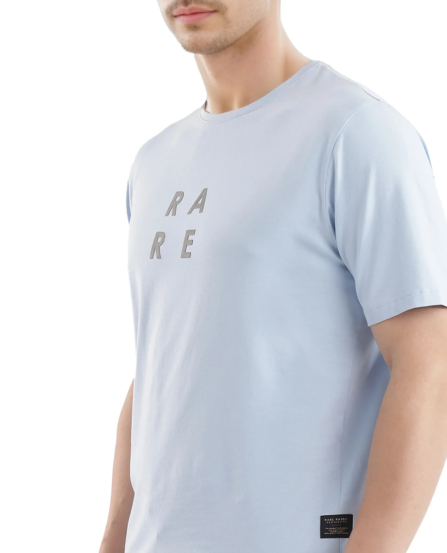 Rare Rabbit Men's Lalyy Light Blue Cotton Graphic Print Slim Fit Half Sleeve Crew Neck T-Shirt