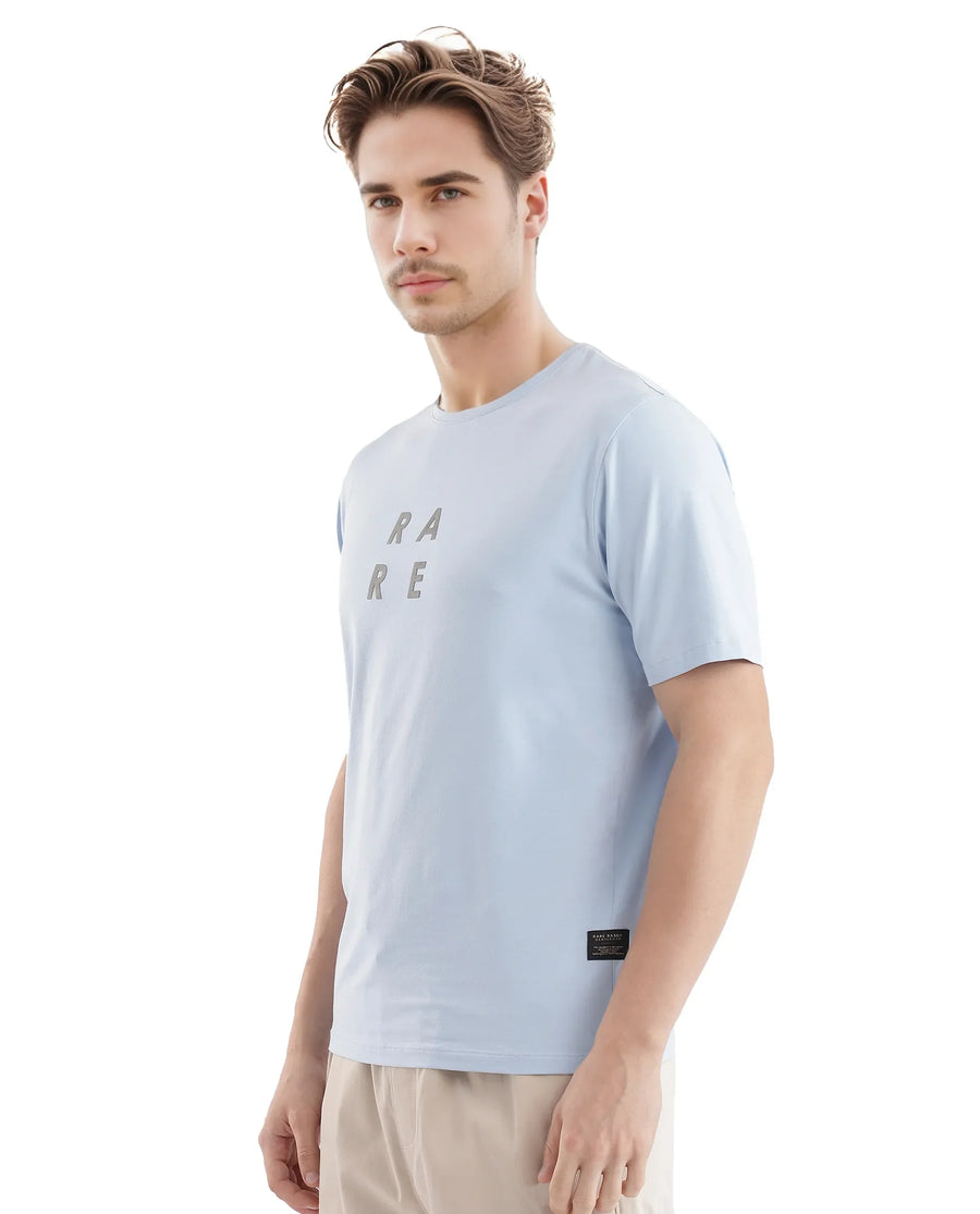 Rare Rabbit Men's Lalyy Light Blue Cotton Graphic Print Slim Fit Half Sleeve Crew Neck T-Shirt