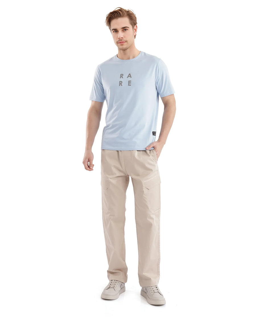 Rare Rabbit Men's Lalyy Light Blue Cotton Graphic Print Slim Fit Half Sleeve Crew Neck T-Shirt