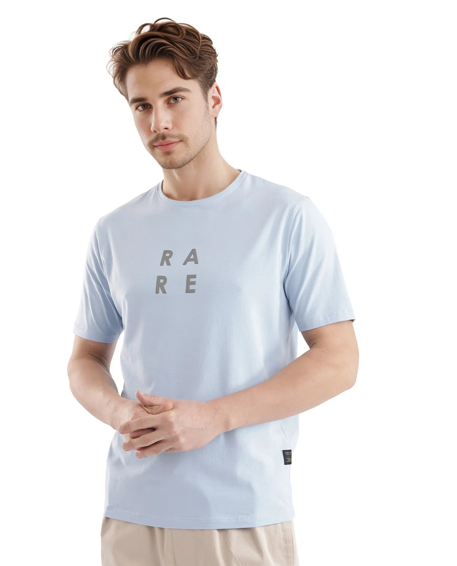 Rare Rabbit Men's Lalyy Light Blue Cotton Graphic Print Slim Fit Half Sleeve Crew Neck T-Shirt