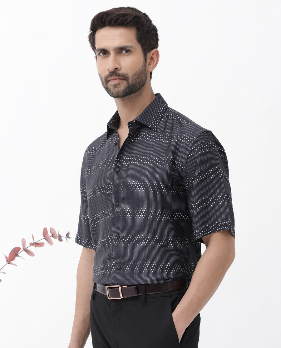 Rare Rabbit Men's Lamo Black Viscose Geometric Print Boxy Fit Half Sleeve Collared Shirt