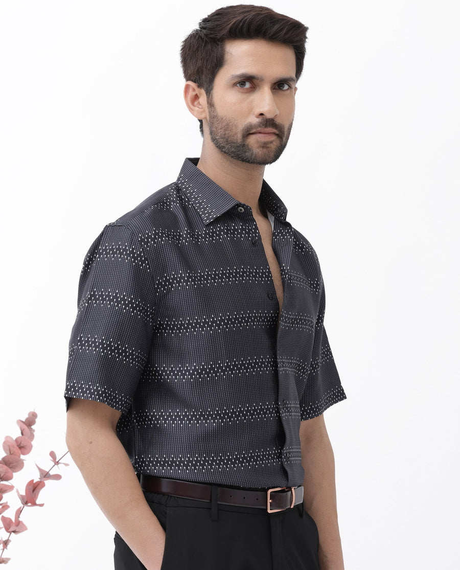 Rare Rabbit Men's Lamo Black Viscose Geometric Print Boxy Fit Half Sleeve Collared Shirt