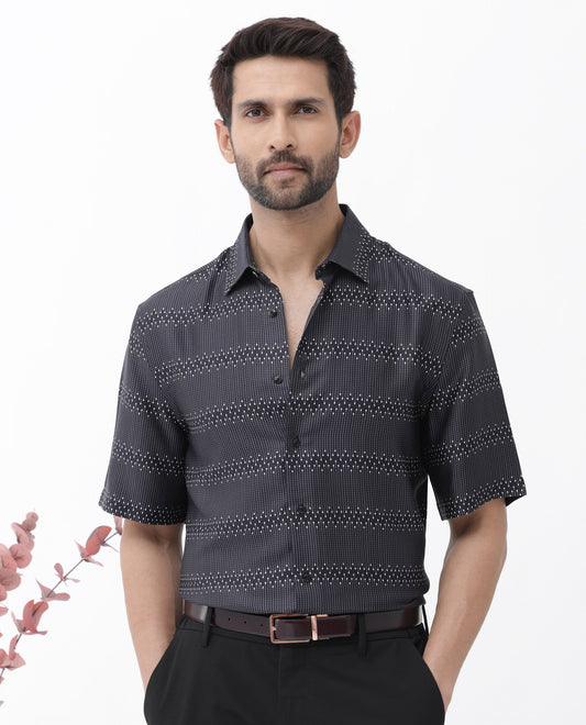 Rare Rabbit Men's Lamo Black Viscose Geometric Print Boxy Fit Half Sleeve Collared Shirt