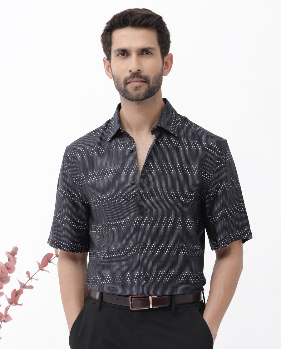 Rare Rabbit Men's Lamo Black Viscose Geometric Print Boxy Fit Half Sleeve Collared Shirt