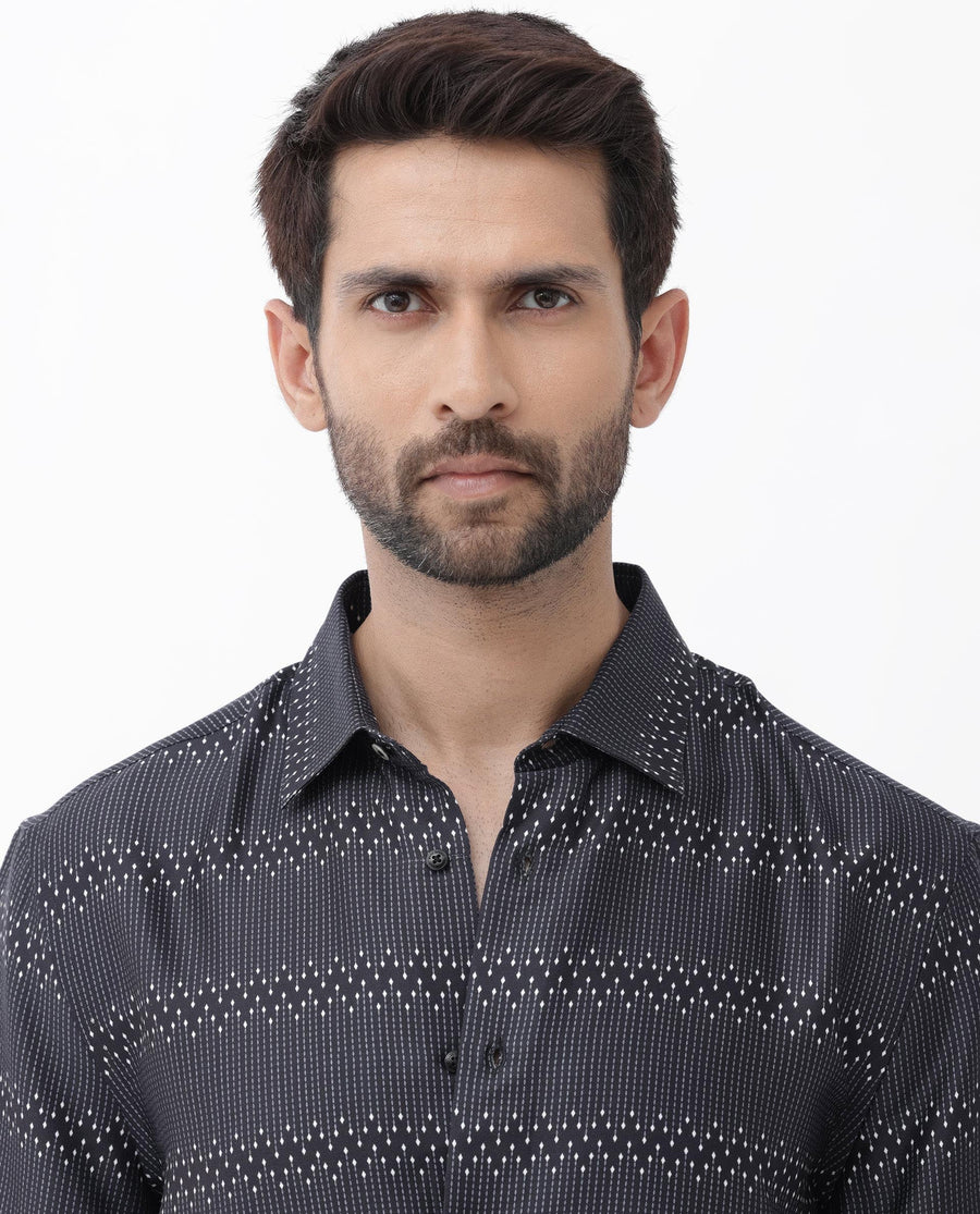 Rare Rabbit Men's Lamo Black Viscose Geometric Print Boxy Fit Half Sleeve Collared Shirt