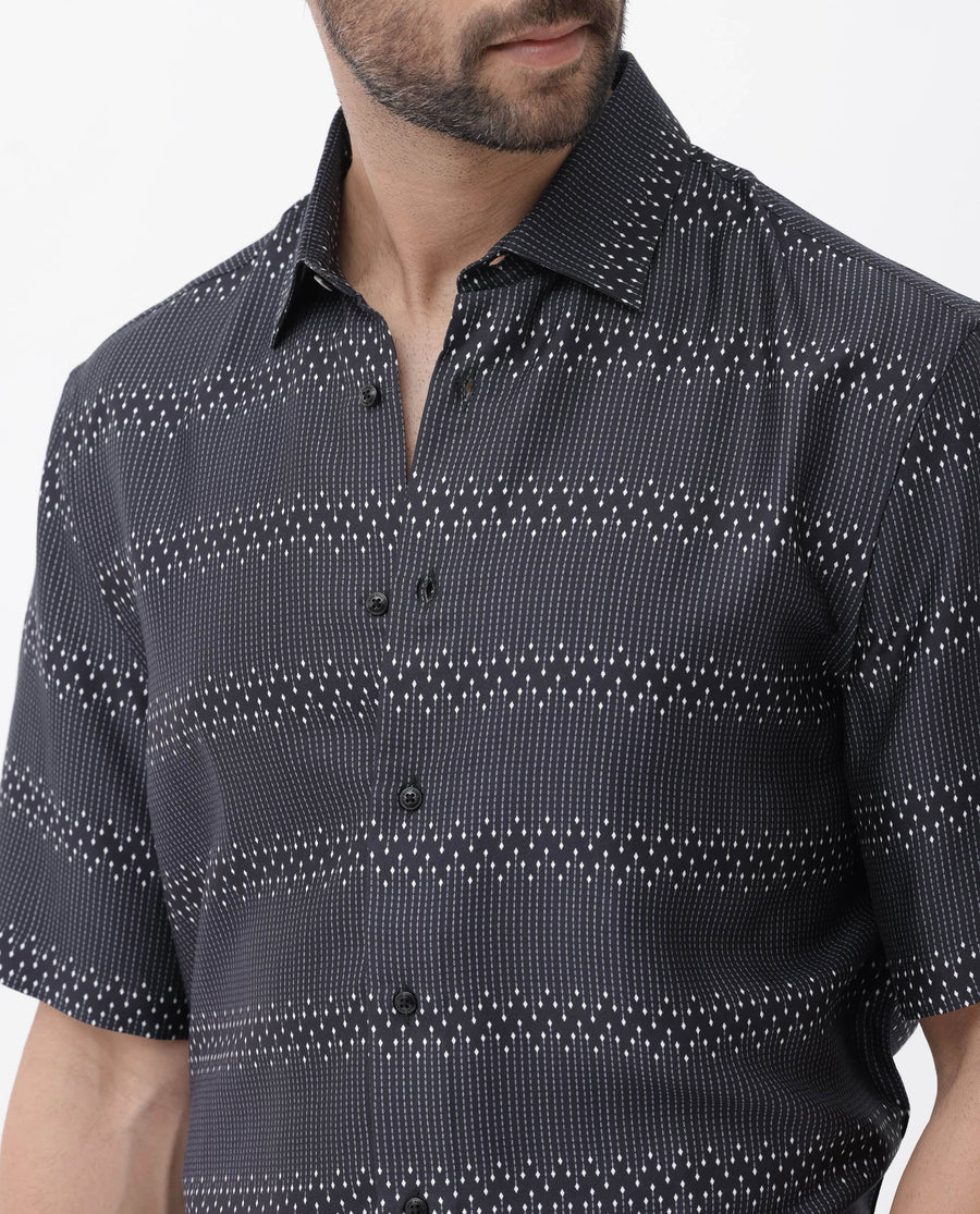 Rare Rabbit Men's Lamo Black Viscose Geometric Print Boxy Fit Half Sleeve Collared Shirt