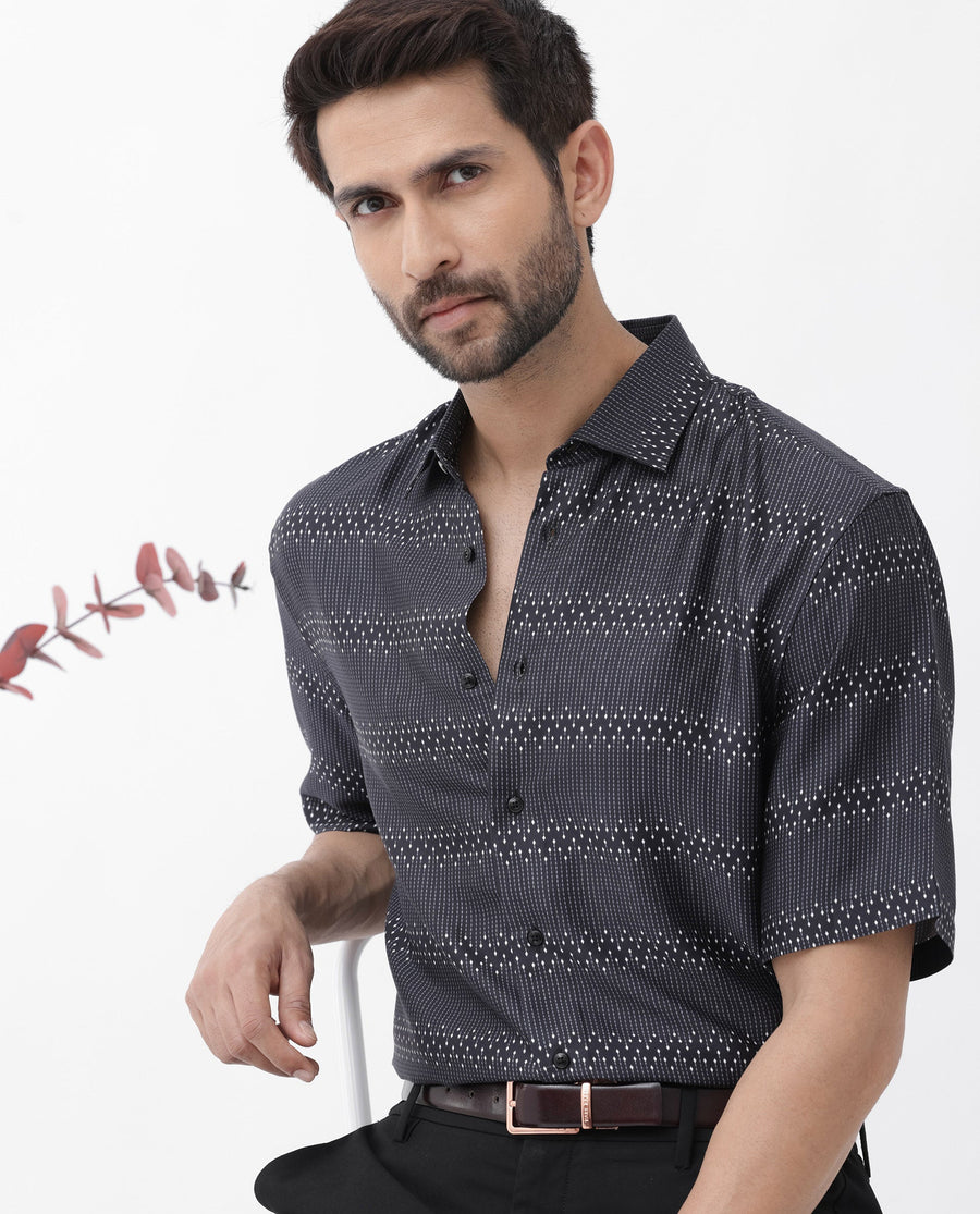 Rare Rabbit Men's Lamo Black Viscose Geometric Print Boxy Fit Half Sleeve Collared Shirt
