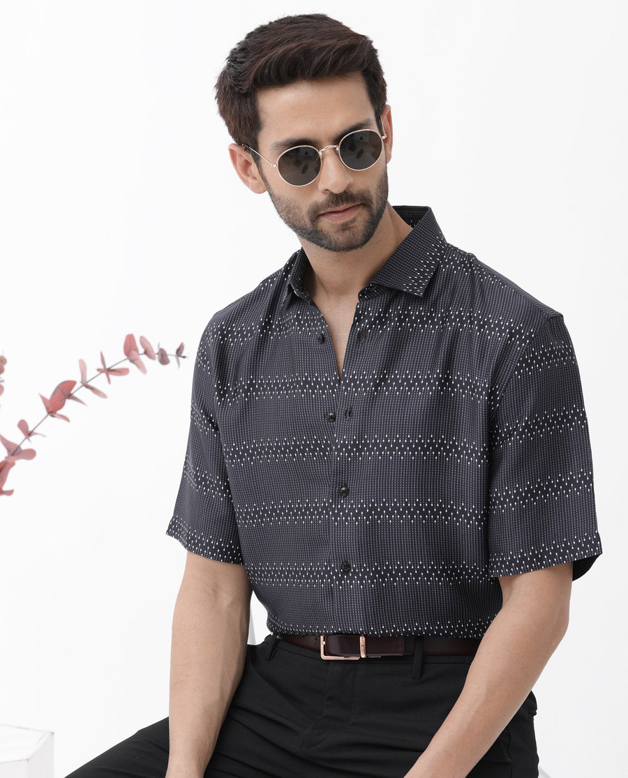 Rare Rabbit Men's Lamo Black Viscose Geometric Print Boxy Fit Half Sleeve Collared Shirt