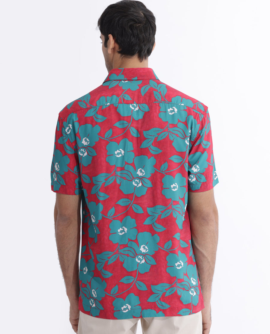 Rare Rabbit Men's Landon Dark Pink Viscose Floral Print Regular Fit Half Sleeve Collared Shirt