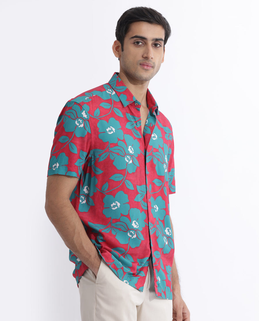 Rare Rabbit Men's Landon Dark Pink Viscose Floral Print Regular Fit Half Sleeve Collared Shirt