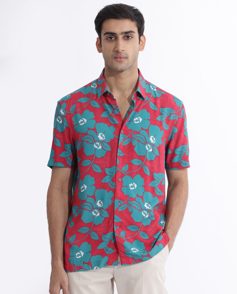 Rare Rabbit Men's Landon Dark Pink Viscose Floral Print Regular Fit Half Sleeve Collared Shirt