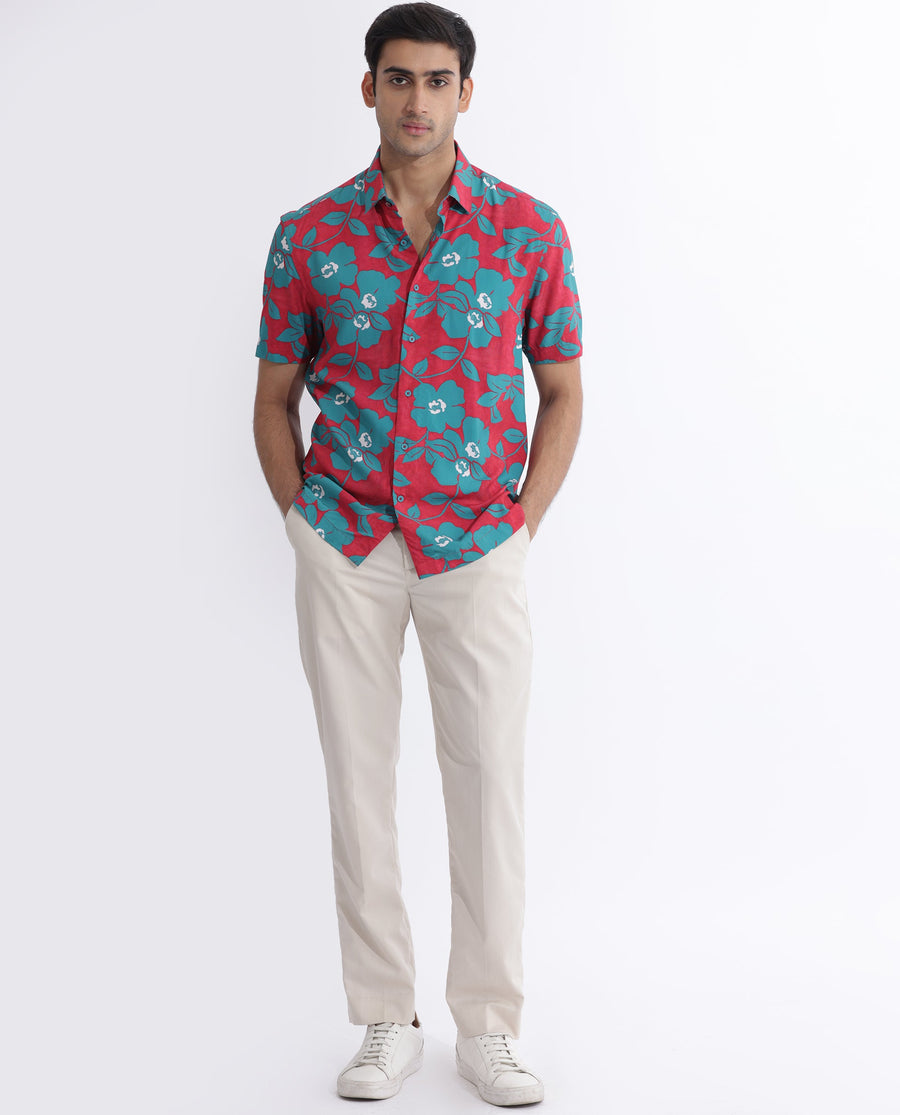 Rare Rabbit Men's Landon Dark Pink Viscose Floral Print Regular Fit Half Sleeve Collared Shirt