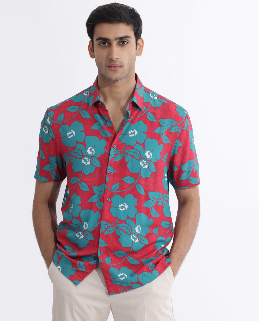 Rare Rabbit Men's Landon Dark Pink Viscose Floral Print Regular Fit Half Sleeve Collared Shirt