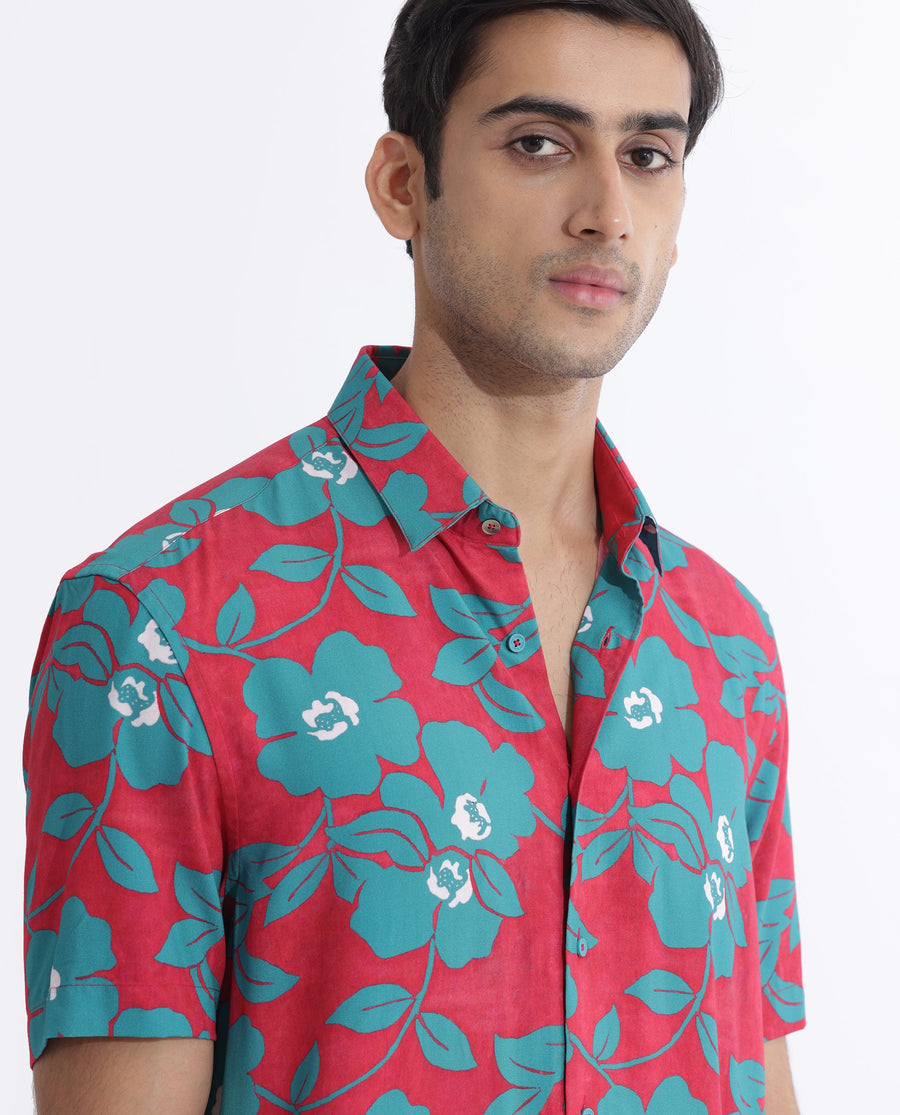 Rare Rabbit Men's Landon Dark Pink Viscose Floral Print Regular Fit Half Sleeve Collared Shirt