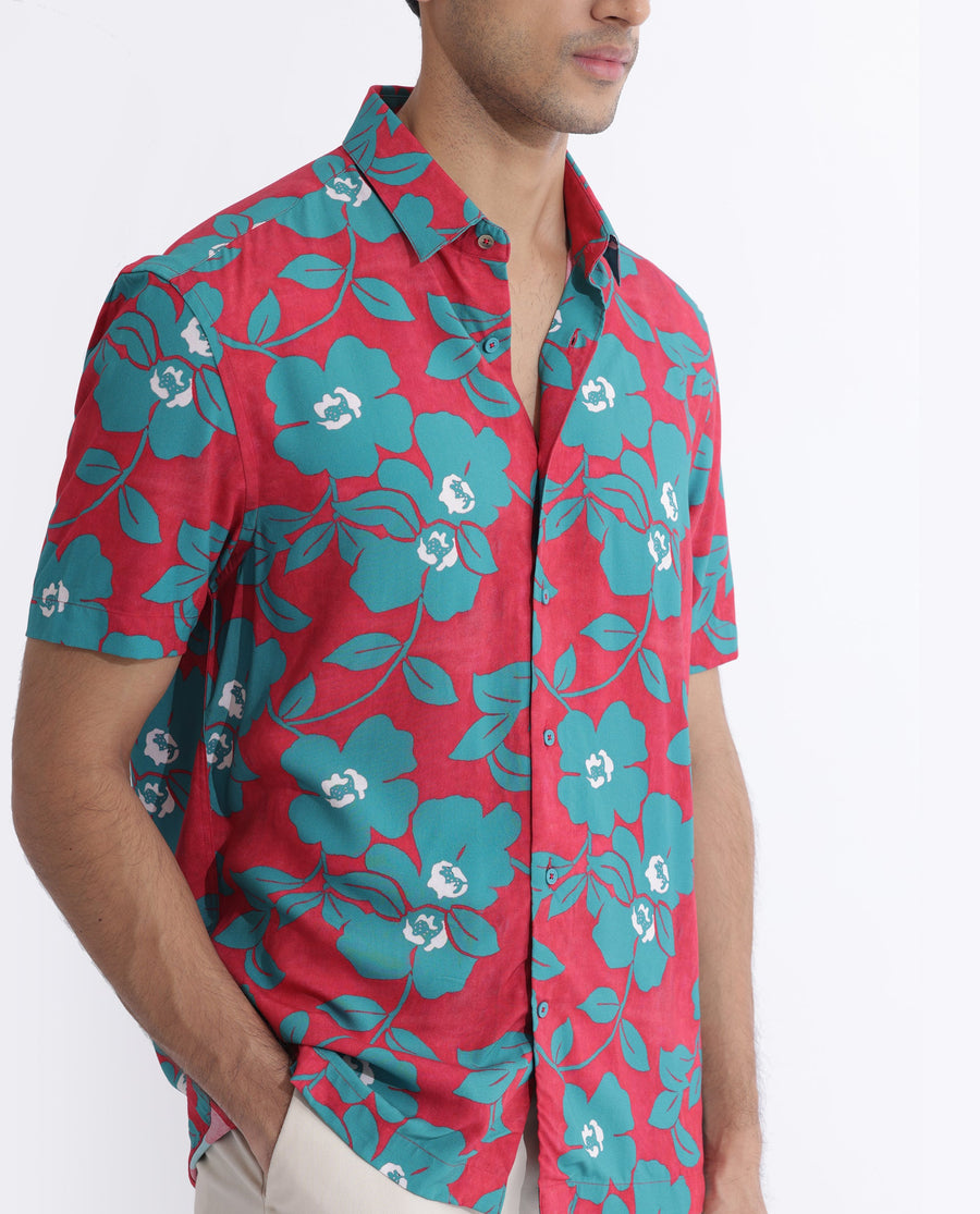 Rare Rabbit Men's Landon Dark Pink Viscose Floral Print Regular Fit Half Sleeve Collared Shirt