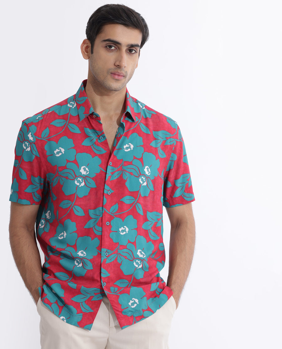 Rare Rabbit Men's Landon Dark Pink Viscose Floral Print Regular Fit Half Sleeve Collared Shirt
