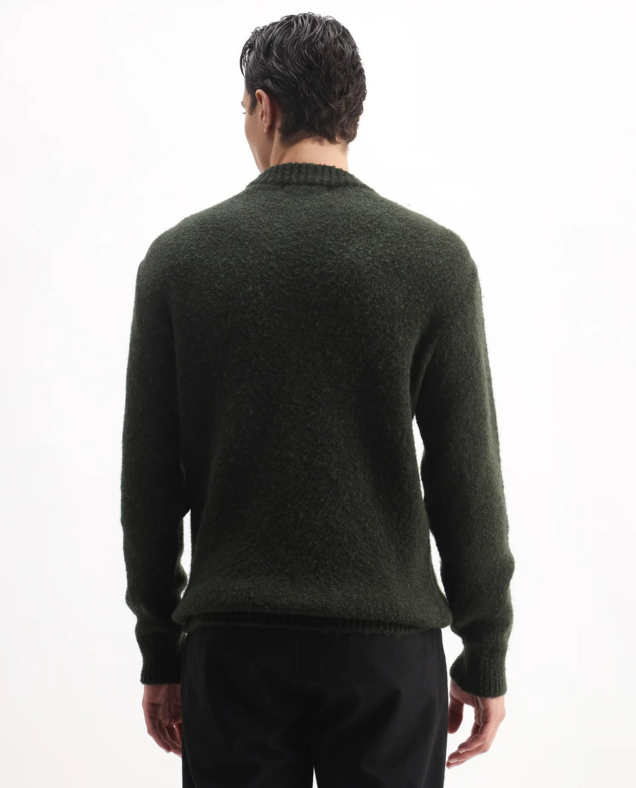 Rare Rabbit Men's Lang Dark Olive Nylon Printed Regular Fit Full Sleeve Crew Neck Sweater