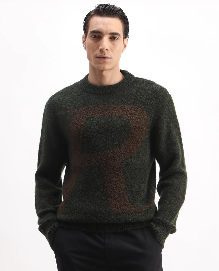 Rare Rabbit Men's Lang Dark Olive Nylon Printed Regular Fit Full Sleeve Crew Neck Sweater