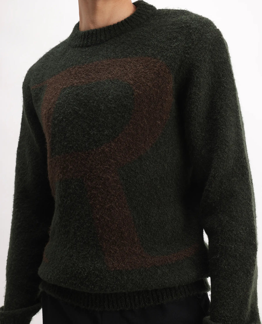 Rare Rabbit Men's Lang Dark Olive Nylon Printed Regular Fit Full Sleeve Crew Neck Sweater