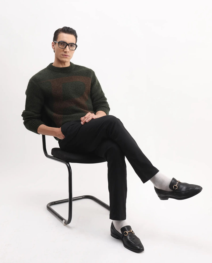 Rare Rabbit Men's Lang Dark Olive Nylon Printed Regular Fit Full Sleeve Crew Neck Sweater