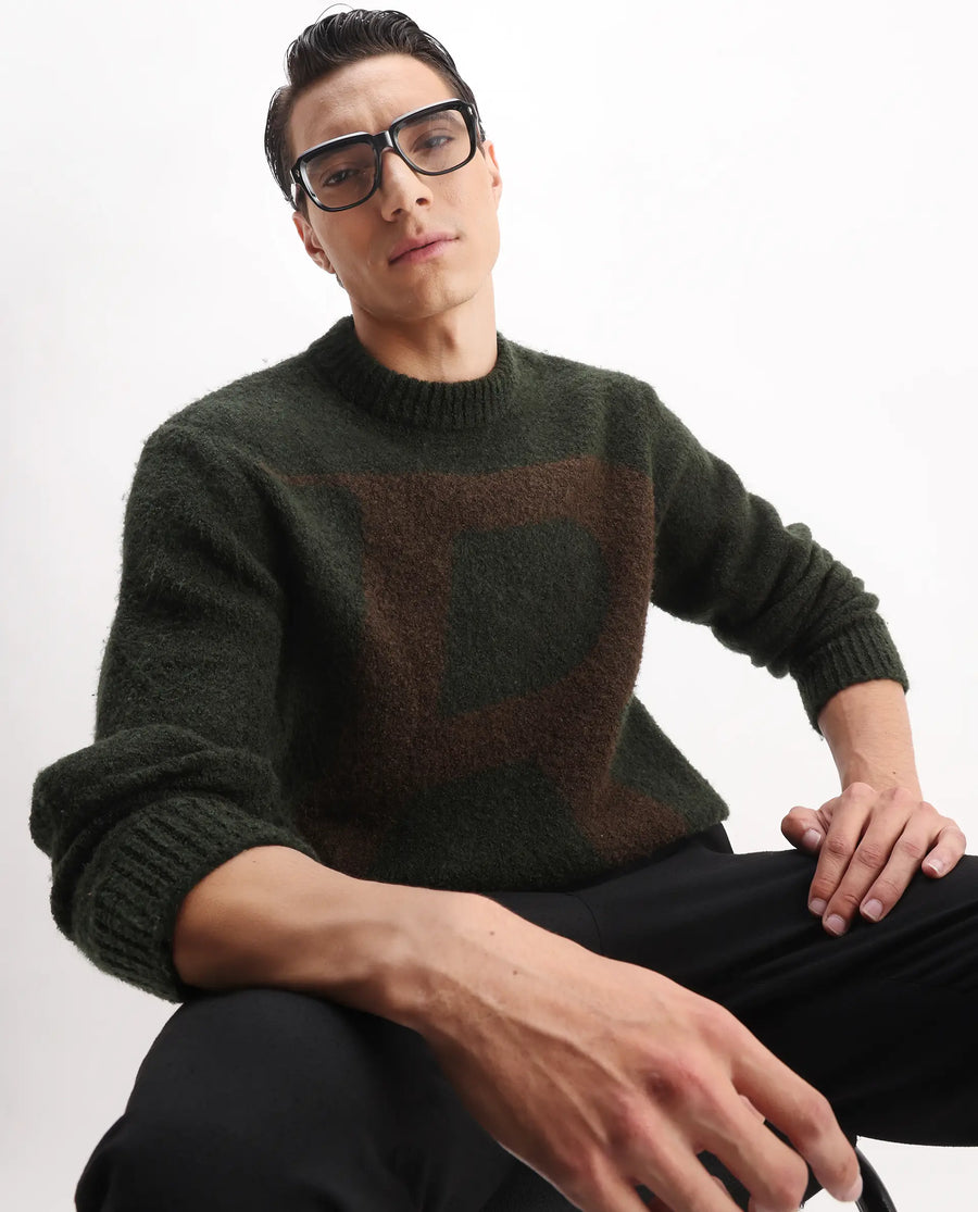 Rare Rabbit Men's Lang Dark Olive Nylon Printed Regular Fit Full Sleeve Crew Neck Sweater
