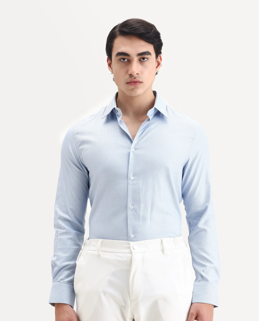 Rare Rabbit Men's Lanic Light Blue Cotton Textured Regular Fit Full Sleeve Collared Shirt