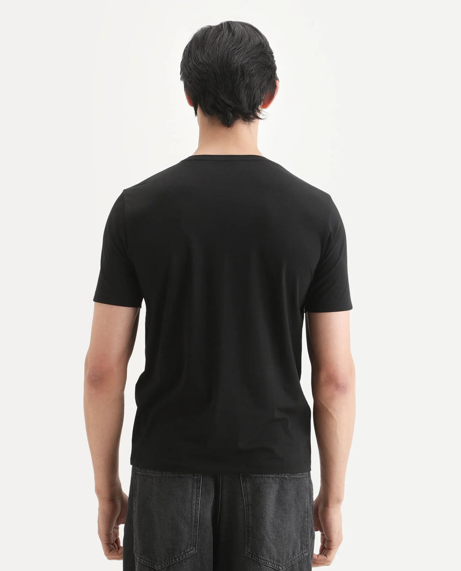 Rare Rabbit Men's Lant Black Cotton Blend Fabric Half Sleeve Crew Neck Regular Fit Graphic Print T-Shirt