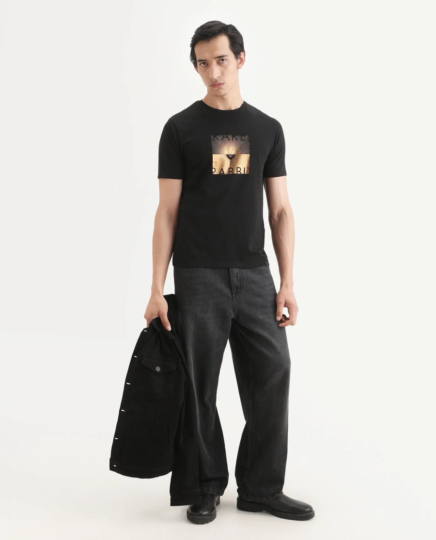 Rare Rabbit Men's Lant Black Cotton Blend Fabric Half Sleeve Crew Neck Regular Fit Graphic Print T-Shirt